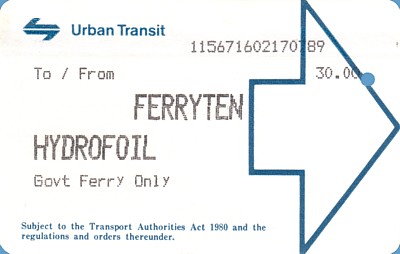 UTA Hydrofoil FerryTen Ticket from 17th July 1989 ticket number 115671 issued by machine 602 at Manly